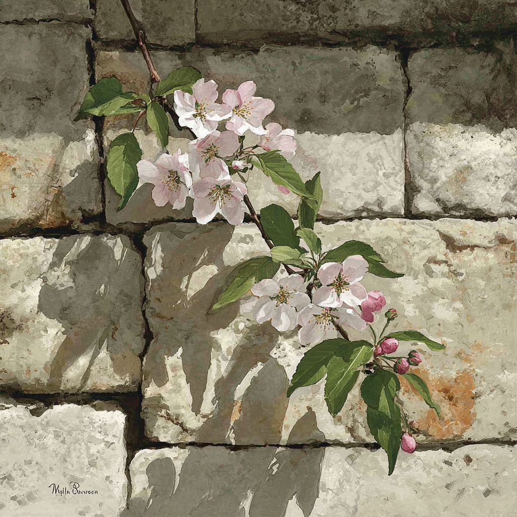 Blühender Zweig An Steinmaür | Japanische Zierkirsche | Blumen