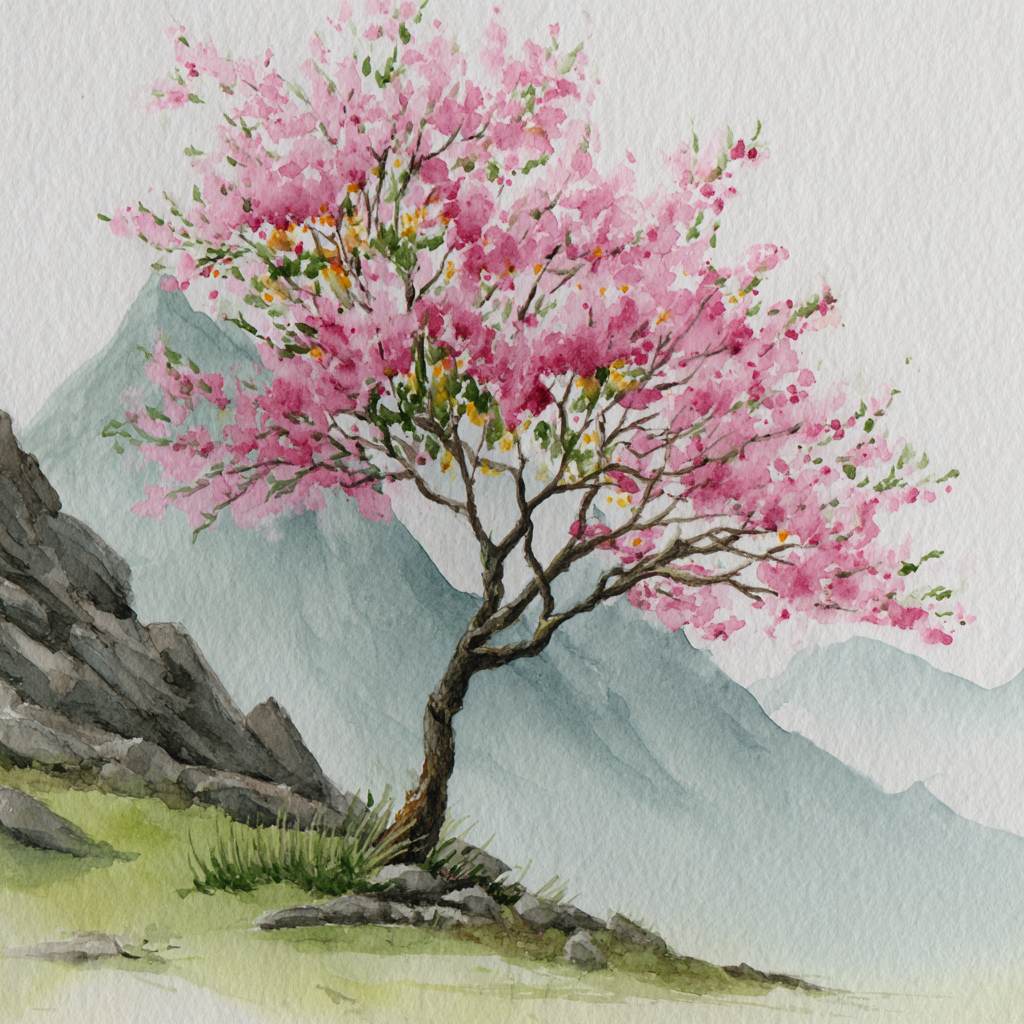 Bluhender Kirschbaum Vor Sanfter Berglandschaft | Japanische Zierkirsche | Blumen