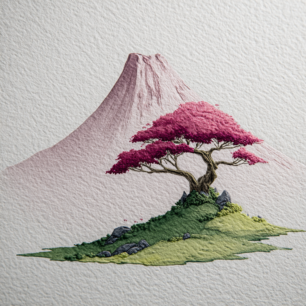 Kirschblütenbaum Vor Japanischer Berglandschaft | Japanische Zierkirsche | Blumen