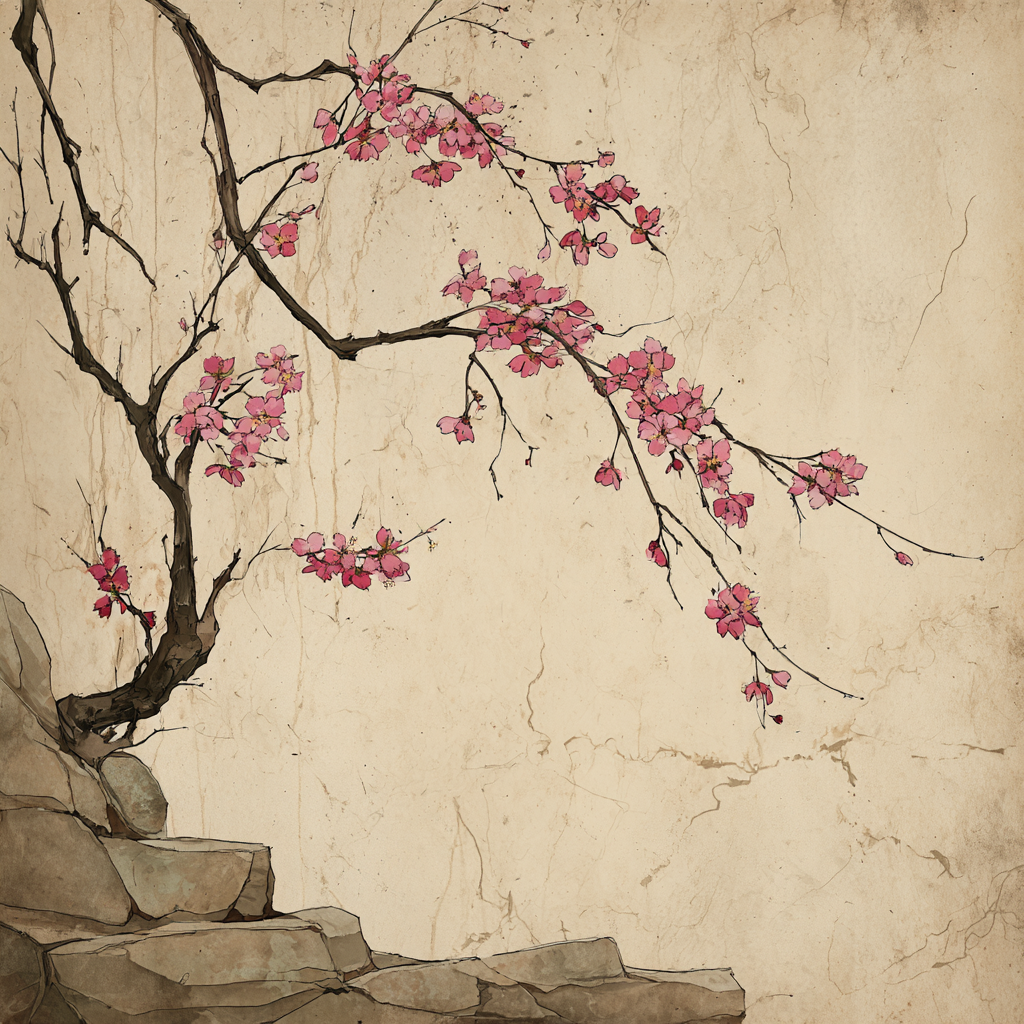 Kirschblütenzweig Im Asiatischen Tuschmalerei Stil | Japanische Zierkirsche | Blumen