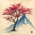 Roter Baum Vor Blaüm Berg Wasserfarben Auf Altem Papier | Japanische Zierkirsche | Blumen