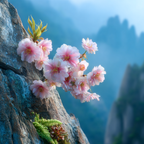 Zarte Rosa Auf Felsiger Oberfläche In Nebliger Berglandschaft | Japanische Zierkirsche | Blumen