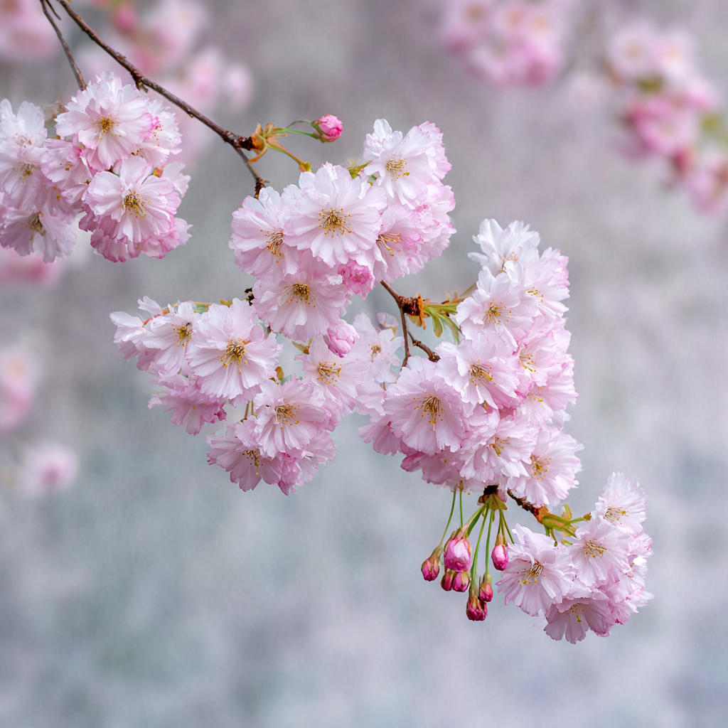 Zartrosa Kirschblütenzweig Unscharfer Hintergrund | Japanische Zierkirsche | Blumen