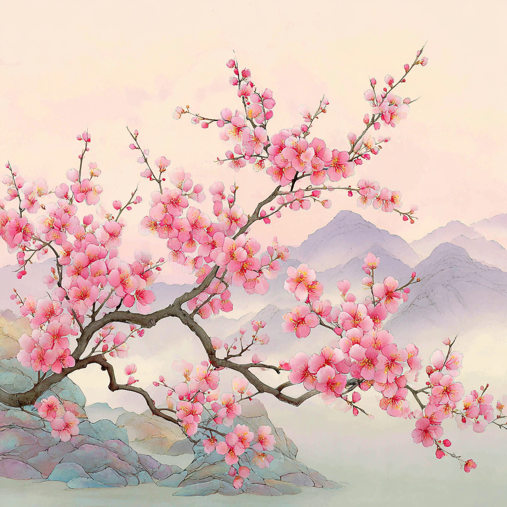 Zweig Rosafarbener Blüten Vor Pastellhimmel Und Sanften Bergen | Japanische Zierkirsche | Blumen