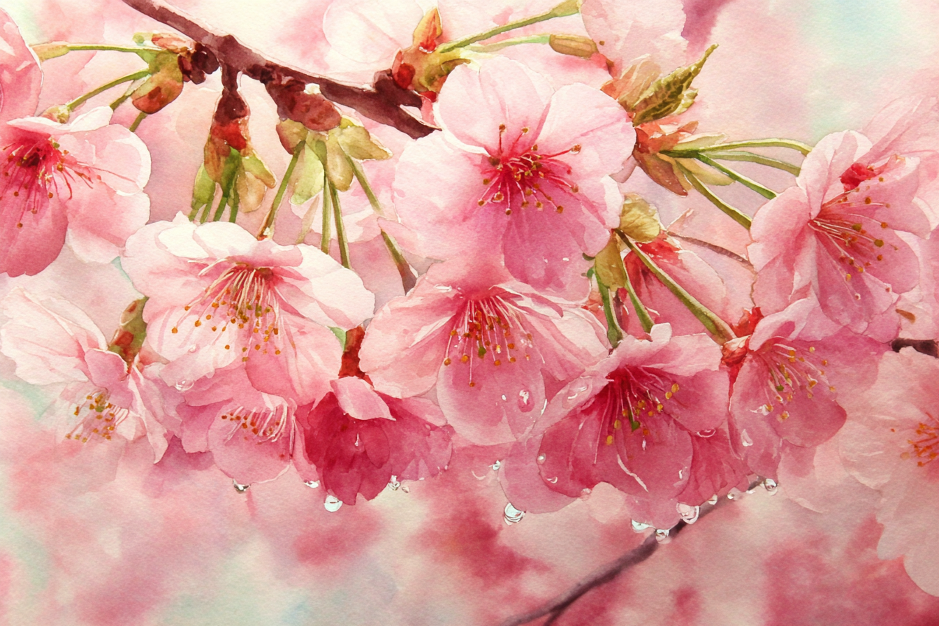 Aquarell Von Kirschblüten Im Frühling | Japanische Zierkirsche | Blumen