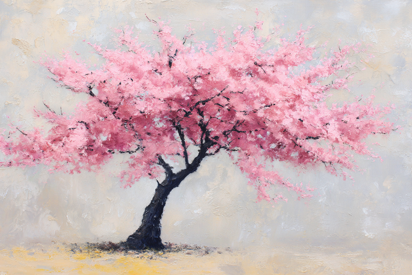 Impressionistischer Rosa Blütenbaum Auf Hellem Hintergrund | Japanische Zierkirsche | Blumen