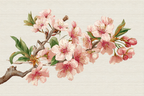 Kirschblütenzweig Mit Rosa Blüten Und Grünen Blättern | Japanische Zierkirsche | Blumen