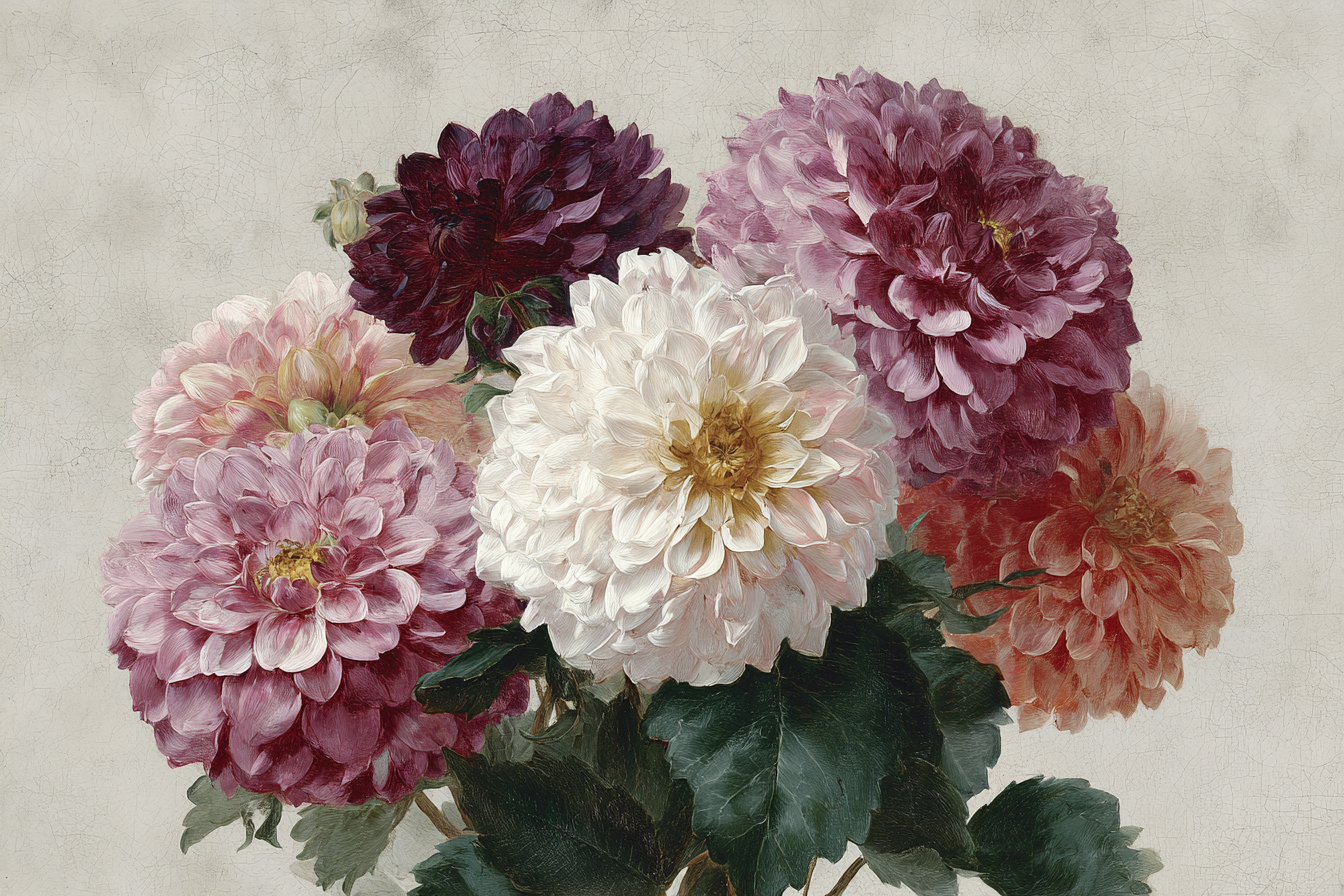 Schöne Dahlienanordnung Mit Farbvielfalt Und Grünen Blättern | Japanische Zierkirsche | Blumen