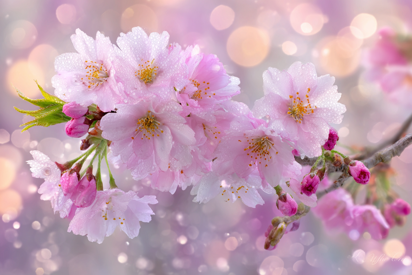 Zarte Kirschblüten Mit Tautropfen Und Träumerischem Bokeh | Japanische Zierkirsche | Blumen