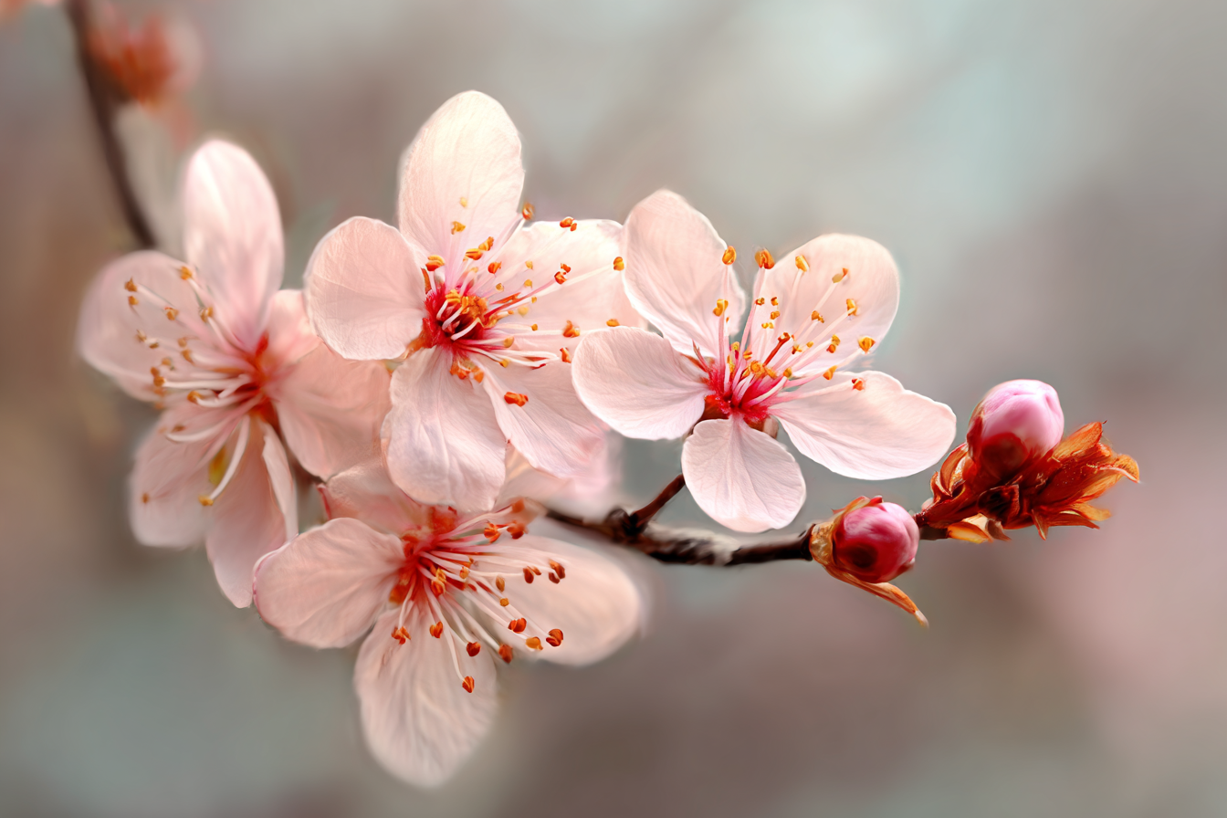 Zarte Rosafarbene Kirschbluten Am Zweig Mit Knospen | Japanische Zierkirsche | Blumen