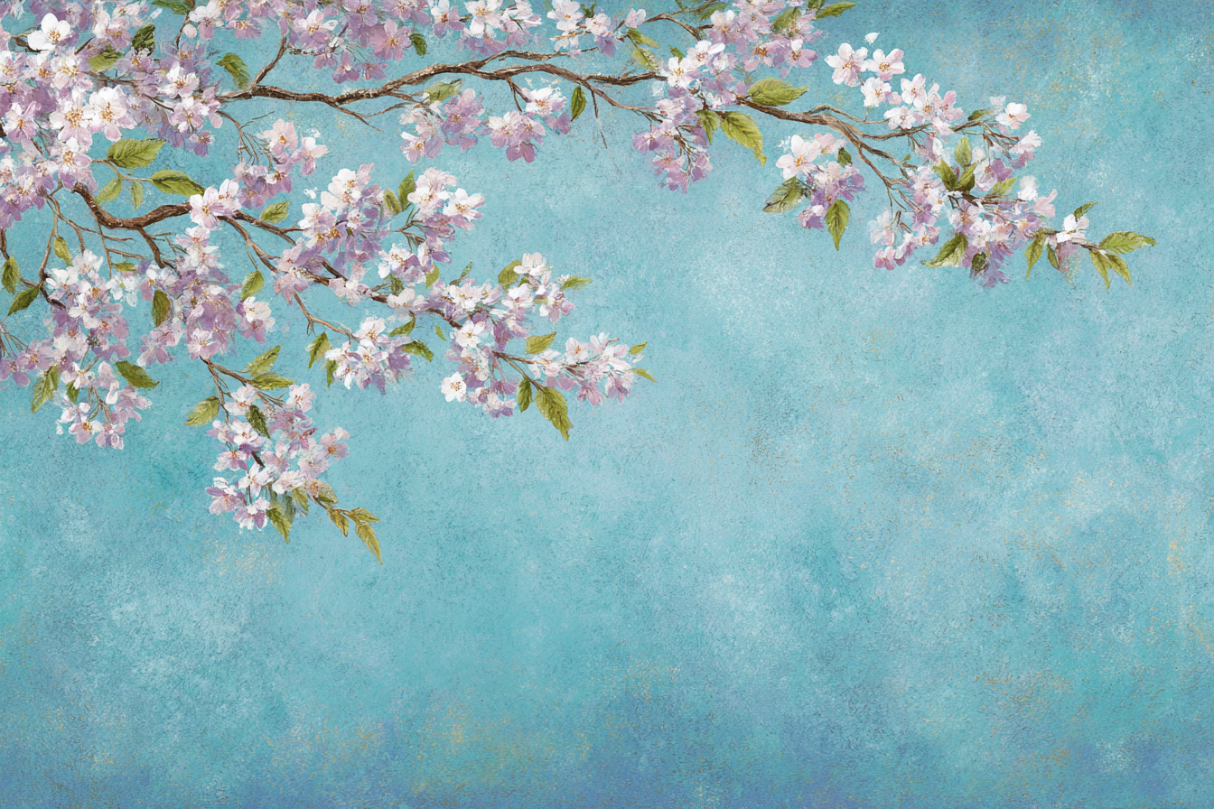 Zweig Mit Pastellblüten Auf Blaüm Hintergrund | Japanische Zierkirsche | Blumen