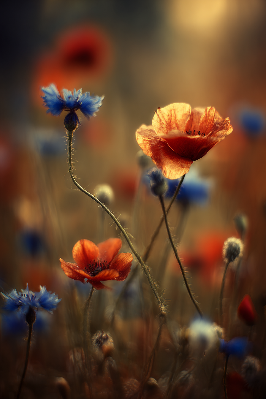 Bunte Mohn Und Korn Vor Unscharfem Hintergrund | Mohn  Pusteblume  Kornblume | Blumen