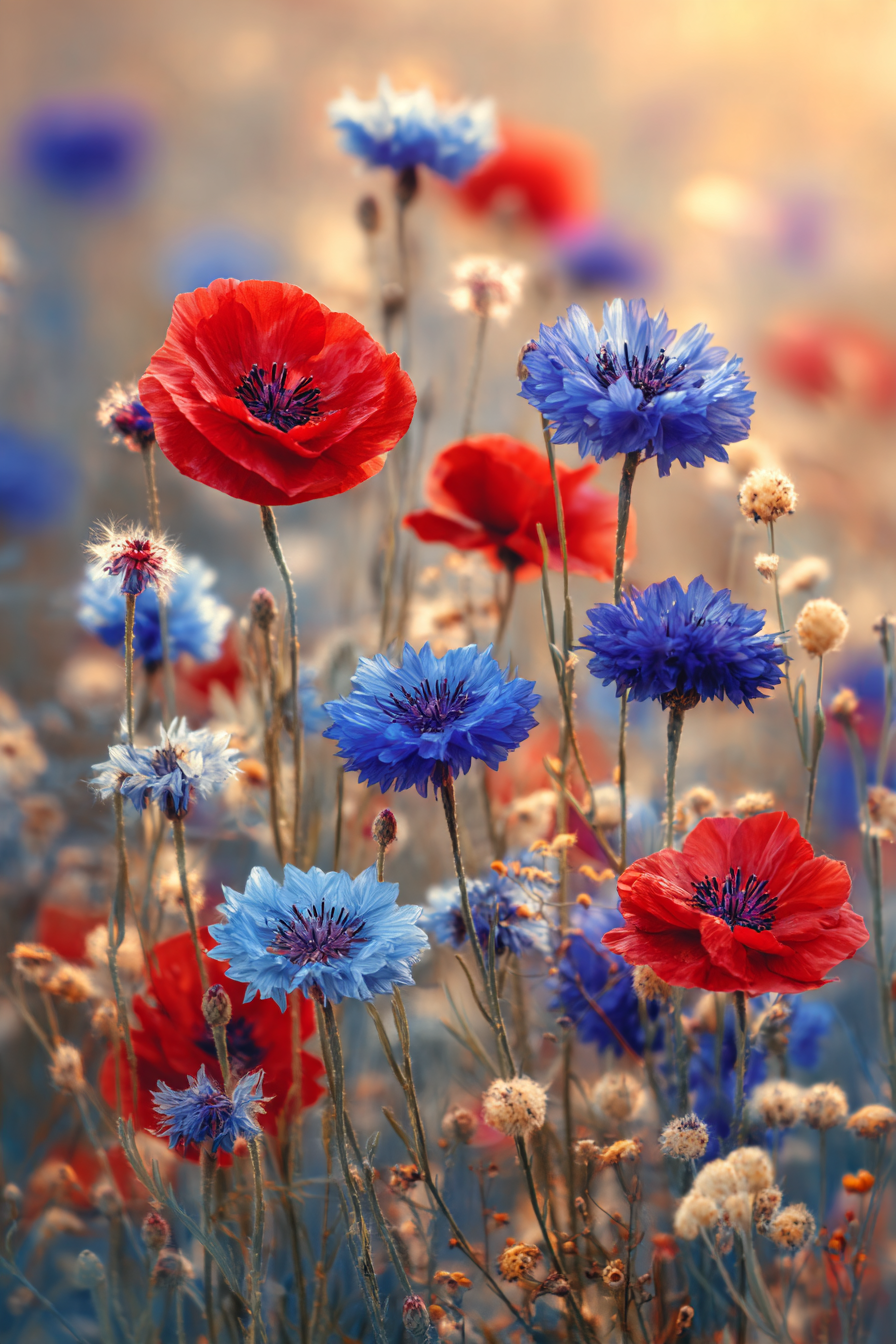 Buntes Mohnfeld Mit Blaün Korn Im Warmen Gluhenden Hintergrund | Mohn  Pusteblume  Kornblume | Blumen