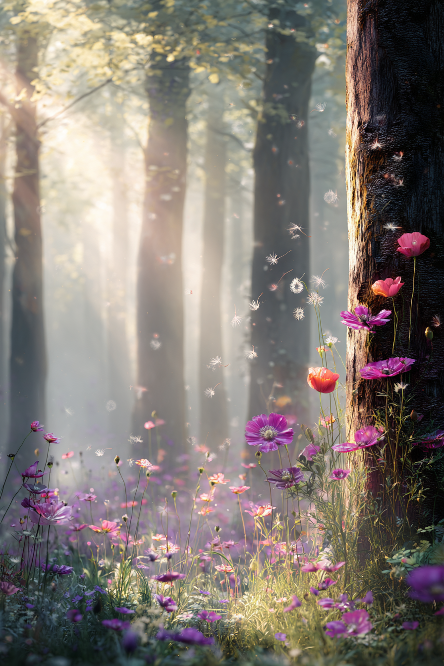 Friedlicher Märchenwald Mit Rosa Und Orangen Und Sanften Lichtstrahlen Und Löwenzahnsamen | Mohn  Pusteblume  Kornblume | Blumen
