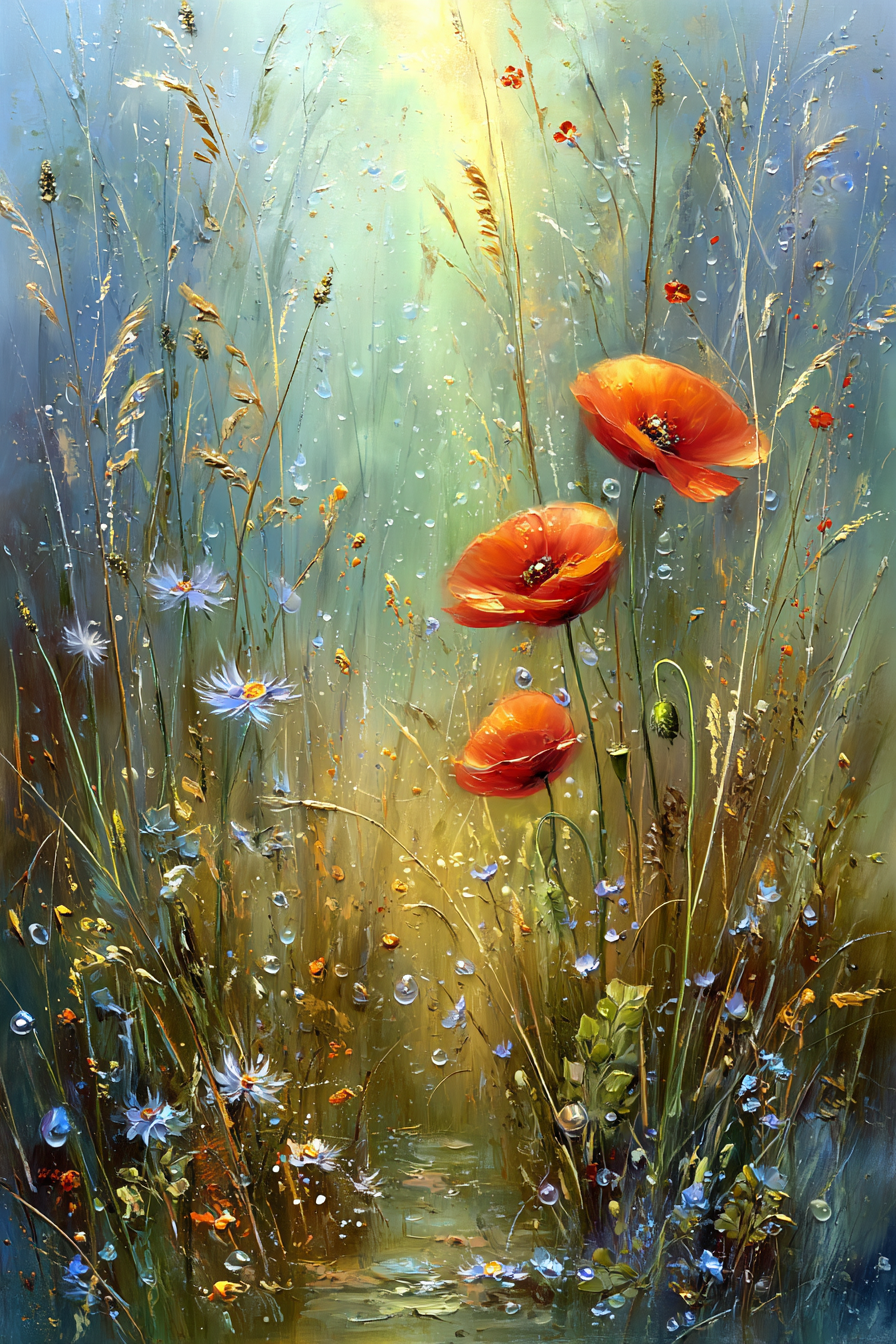 Impressionistische Wiese Mit Mohn Gräser Blaün Wildblüten Und Wassertropfen | Mohn  Pusteblume  Kornblume | Blumen