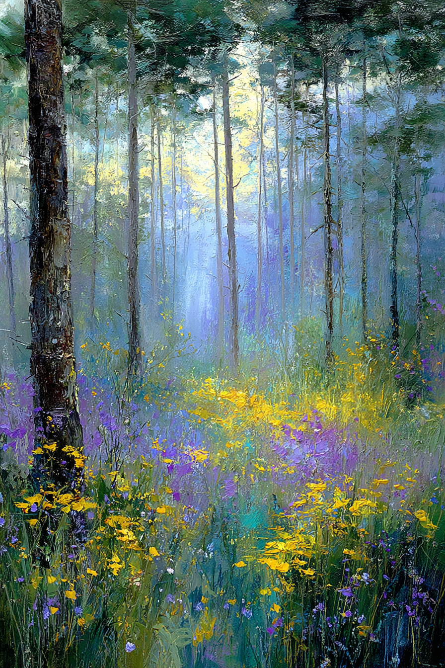 Impressionistischer Wald Mit Sonnenlicht Und Bunten | Mohn  Pusteblume  Kornblume | Blumen