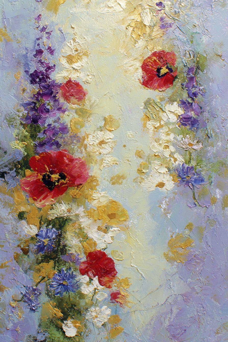 Impressionistisches Florales Gemälde Mit Mohn Und Gänseblümchen | Mohn  Pusteblume  Kornblume | Blumen