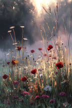 Lebendige Wildwiese Mit Roten Mohn Und Weissen Gartenmargeriten | Mohn  Pusteblume  Kornblume | Blumen