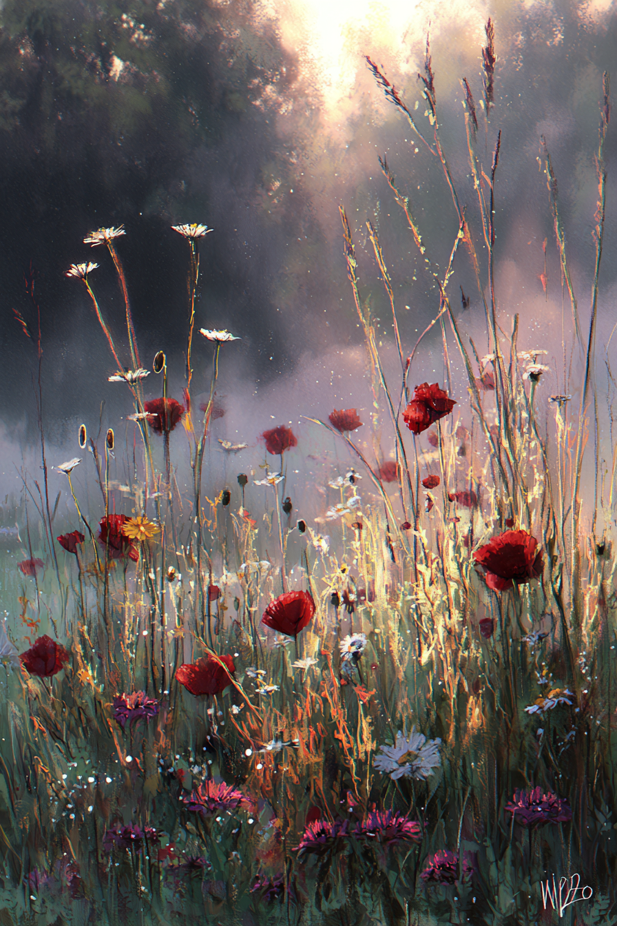 Lebendige Wildwiese Mit Roten Mohn Und Weissen Gartenmargeriten | Mohn  Pusteblume  Kornblume | Blumen