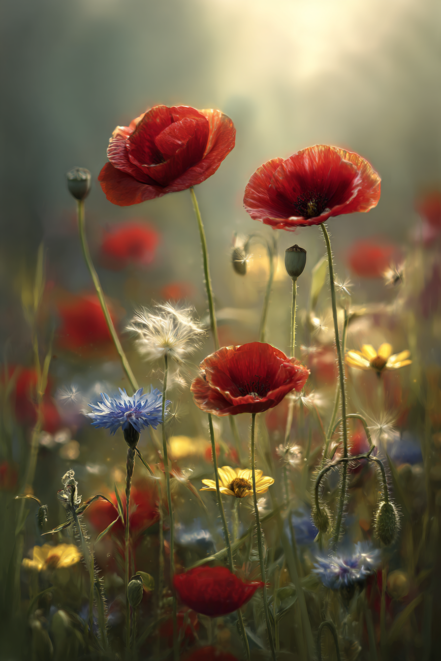 Leuchtendes Feld Mit Roten Mohn Und Blaün Gelben Blüten | Mohn  Pusteblume  Kornblume | Blumen
