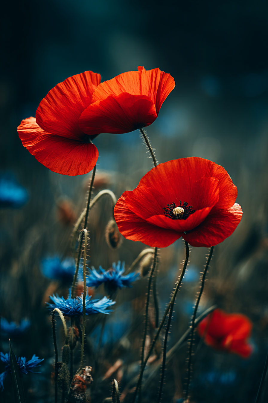 Rote Mohn Umgeben Von Blaün | Mohn  Pusteblume  Kornblume | Blumen