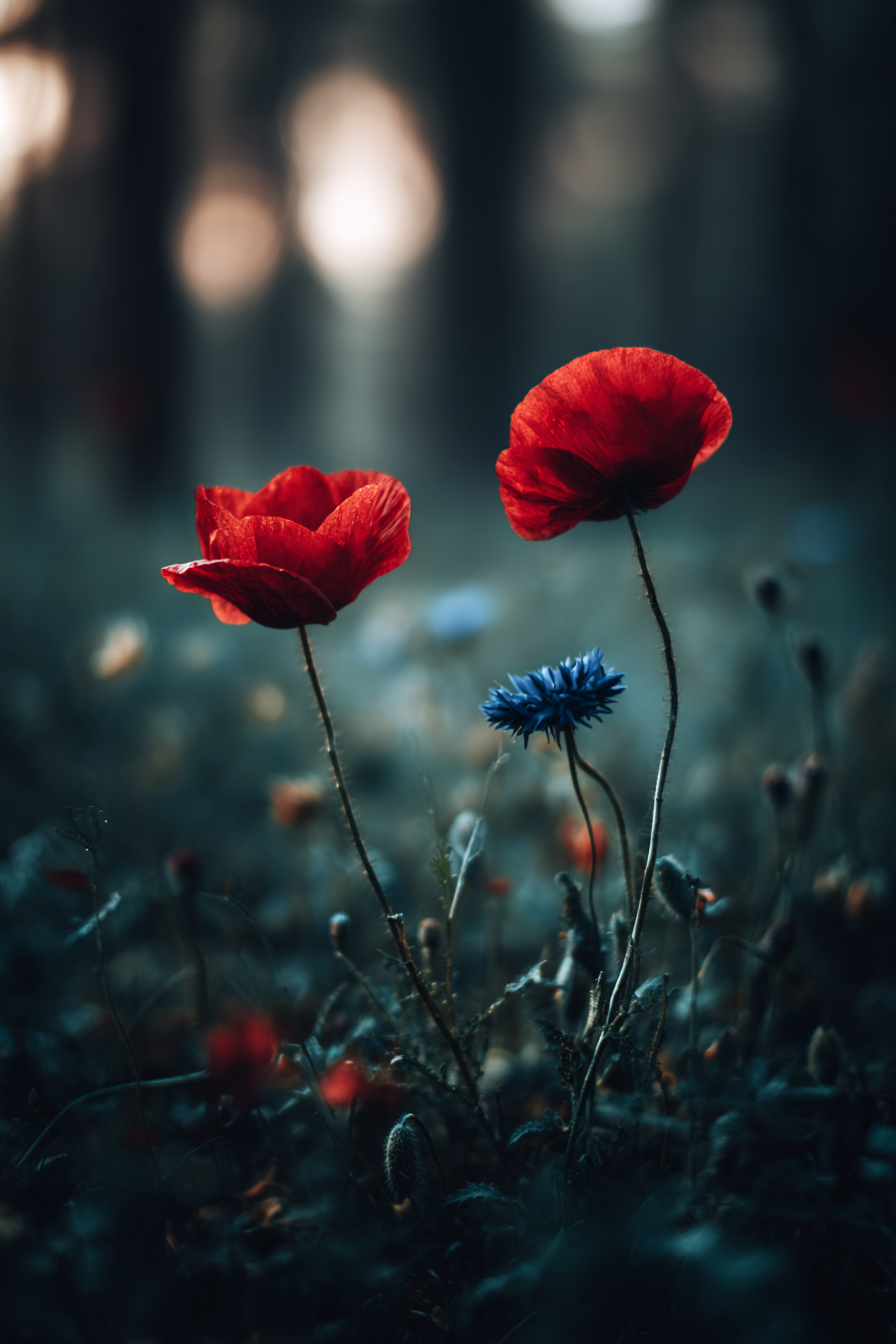 Rote Mohn Und Blaü Kornblume Im Morgendunst | Mohn  Pusteblume  Kornblume | Blumen