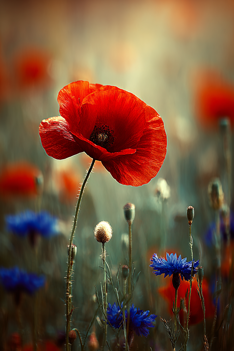 Roter Mohn Im Wildfeld Mit Blaün Korn | Mohn  Pusteblume  Kornblume | Blumen