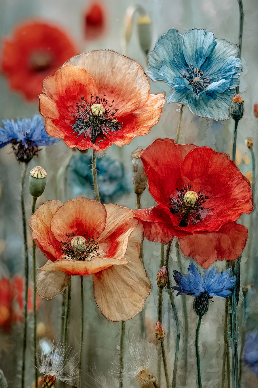 Schone Anordnung Mit Mohn Und Korn In Rot Orange Und Blau | Mohn  Pusteblume  Kornblume | Blumen