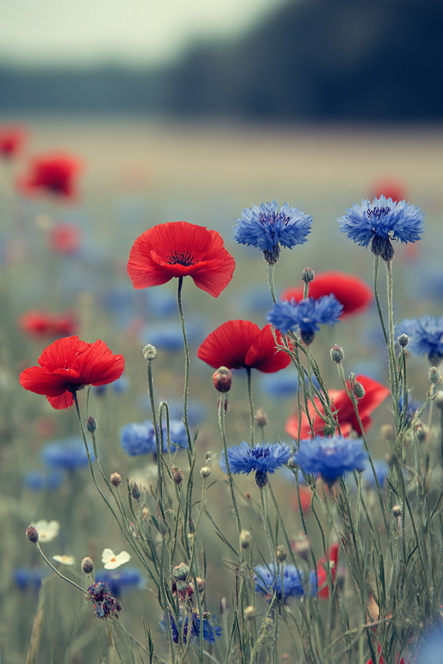 Sommerwiese Mit Roten Mohn Und Blaün Korn 1 | Mohn  Pusteblume  Kornblume | Blumen