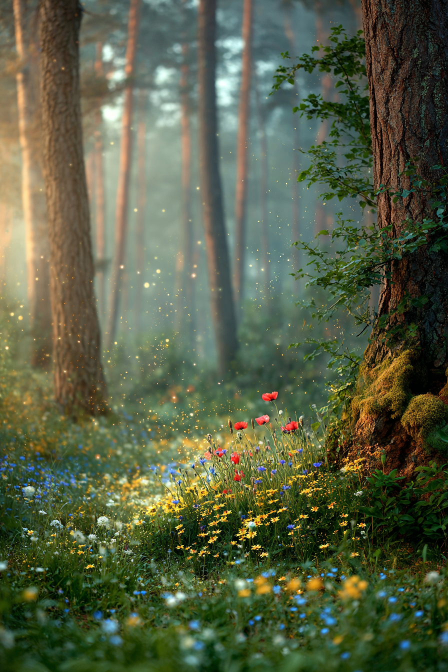 Verzauberter Wald Mit Bunten Wild Und Magischen Lichtpartikeln | Mohn  Pusteblume  Kornblume | Blumen