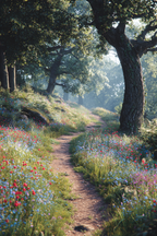 Waldweg Mit Sanftem Sonnenlicht Und Bunten | Mohn  Pusteblume  Kornblume | Blumen