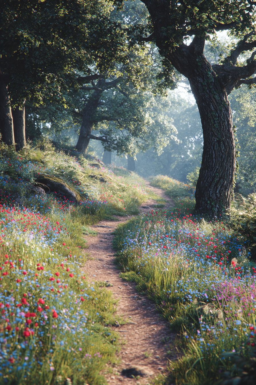 Waldweg Mit Sanftem Sonnenlicht Und Bunten | Mohn  Pusteblume  Kornblume | Blumen