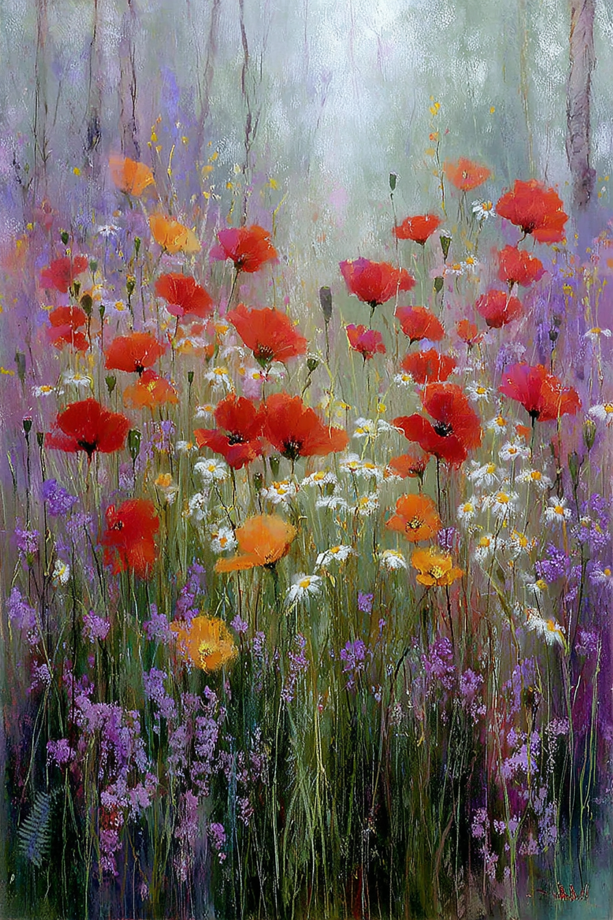 Wildwiese Mit Roten Mohn Weissen Gänseblümchen Und Lila Blüten | Mohn  Pusteblume  Kornblume | Blumen