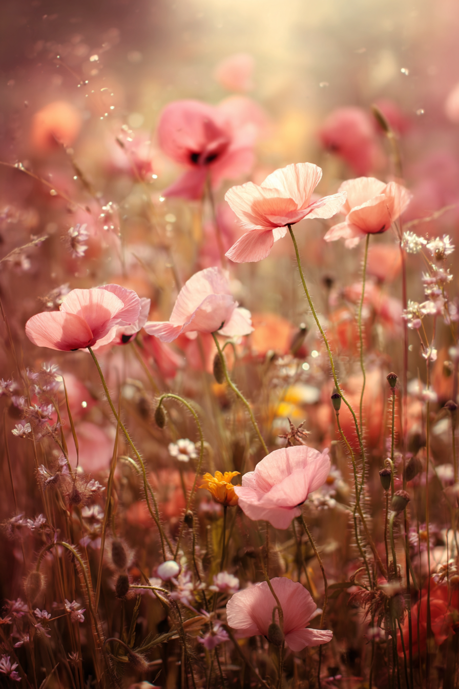 Zarte Rosa Mohn Im Feld | Mohn  Pusteblume  Kornblume | Blumen