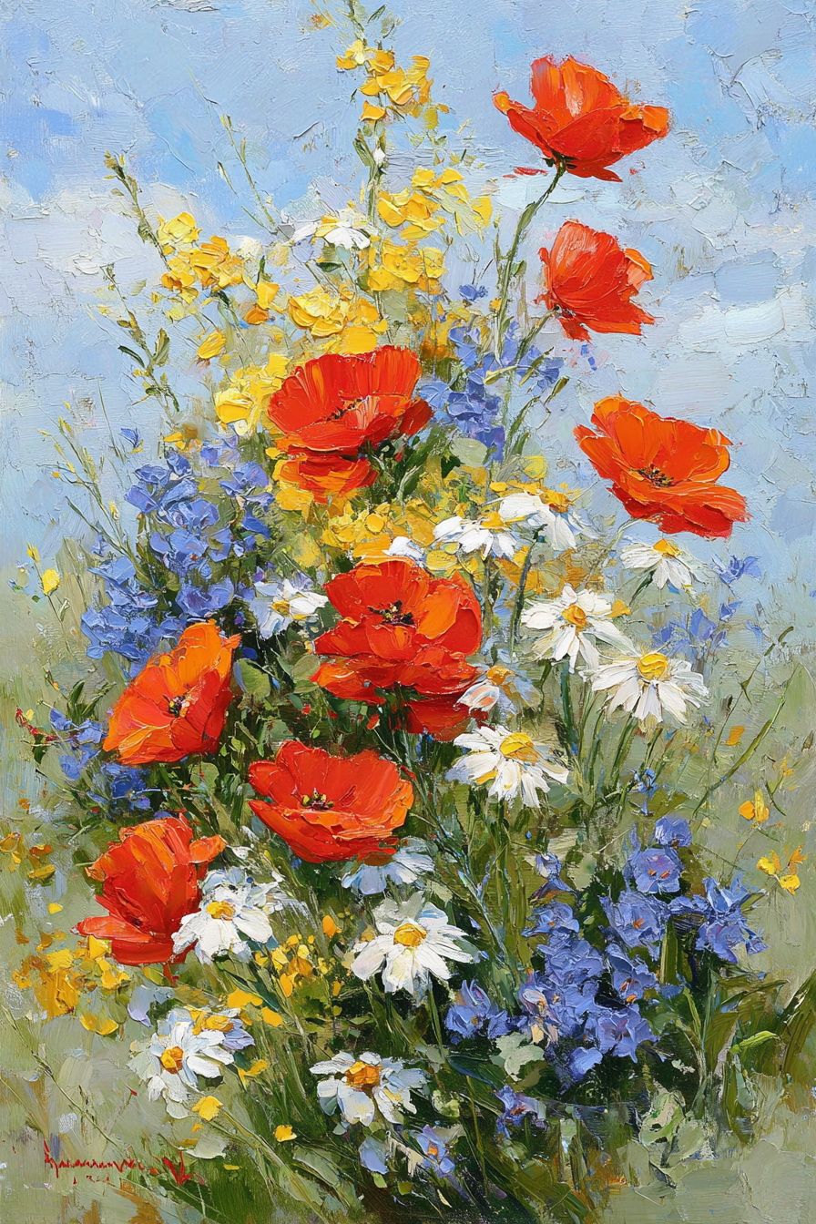 Bukett Rote Mohn Weisse Gänseblümchen Blaü | Mohn  Pusteblume  Kornblume | Blumen
