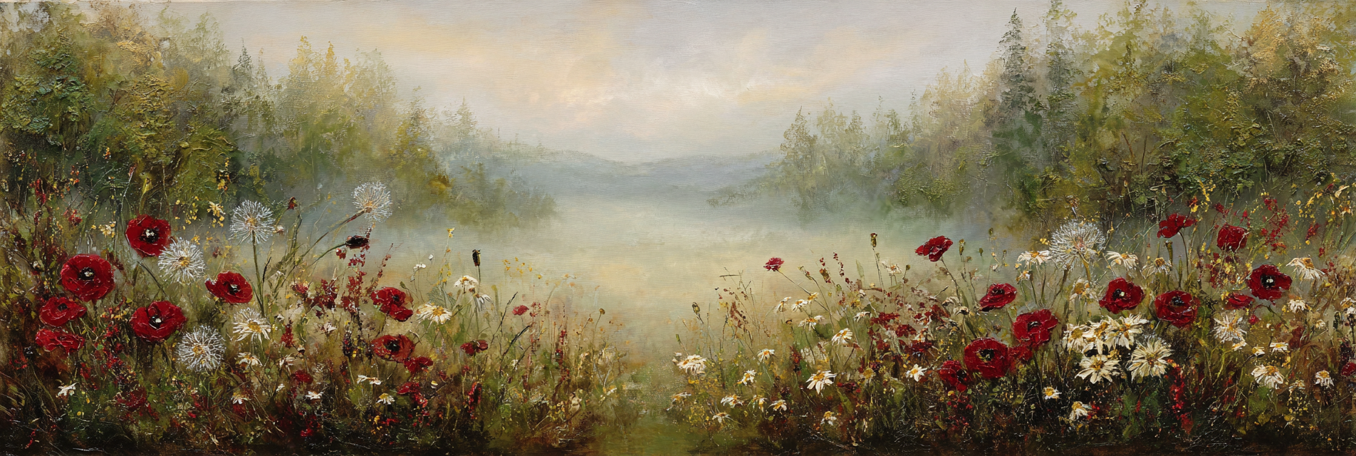 Friedliche Landschaft Mit Roten Mohn Und Weissen Gänseblümchen Im Nebeligen Grün | Mohn  Pusteblume  Kornblume | Blumen