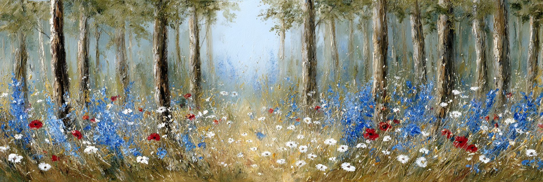 Lebendige Waldlandschaft Mit Wild | Mohn  Pusteblume  Kornblume | Blumen