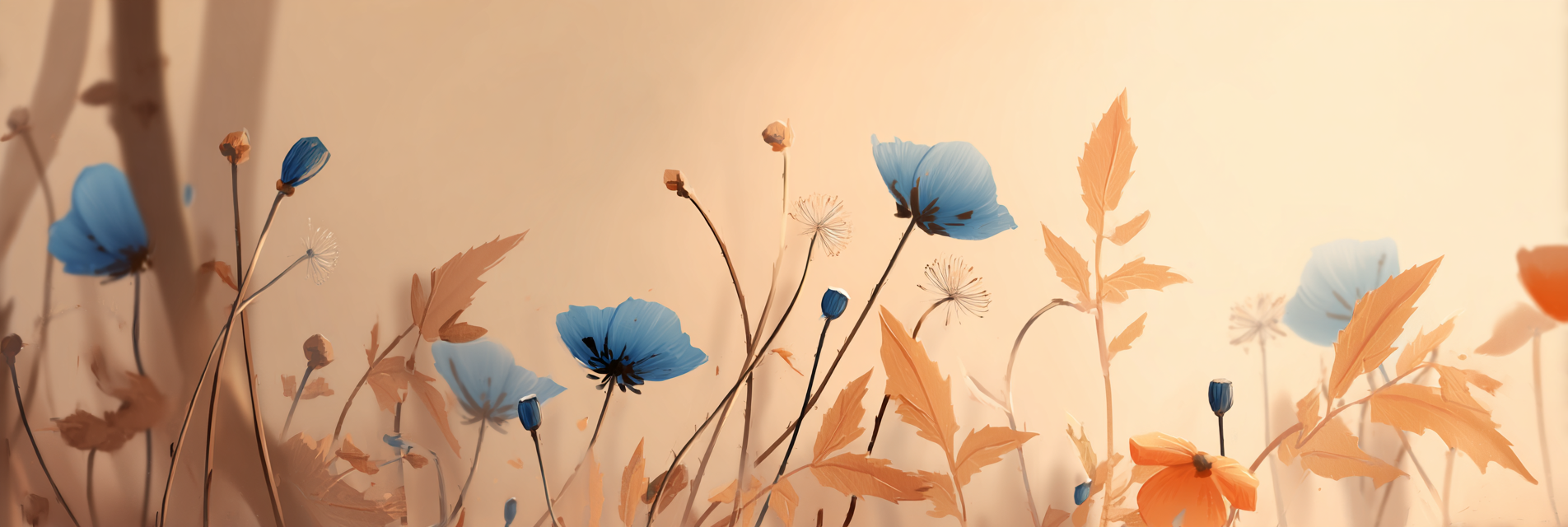 Stilisiertes Bild Blaü Blüten Und Orangene Blätter | Mohn  Pusteblume  Kornblume | Blumen