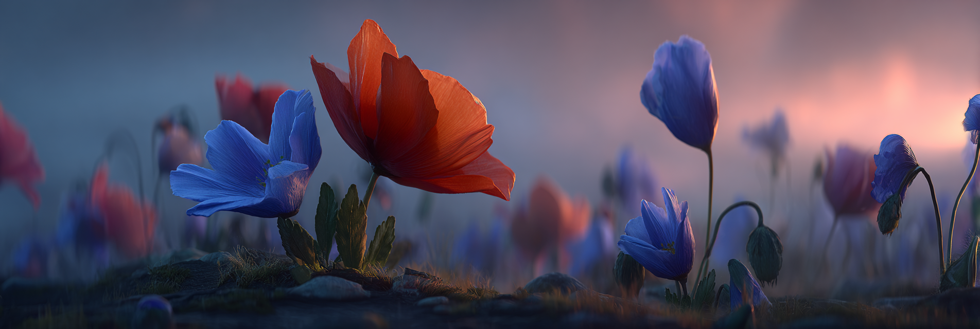 Traumhafte Dämmerungsstimmung Mit Blaün Und Roten | Mohn  Pusteblume  Kornblume | Blumen