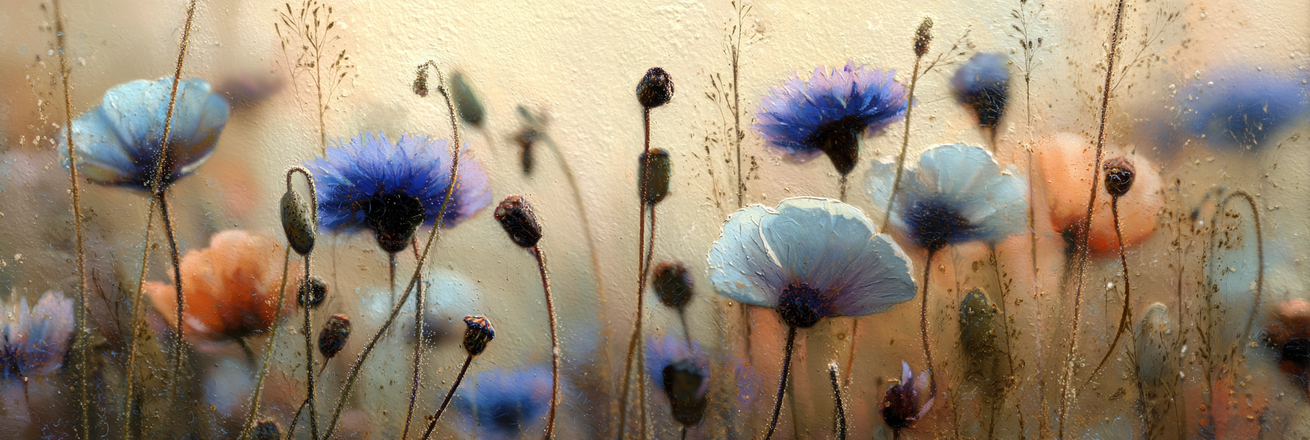 Arrangement In Blaün Und Orangen Farbtönen Vor Unscharfem Tauhintergrund | Mohn  Pusteblume  Kornblume | Blumen