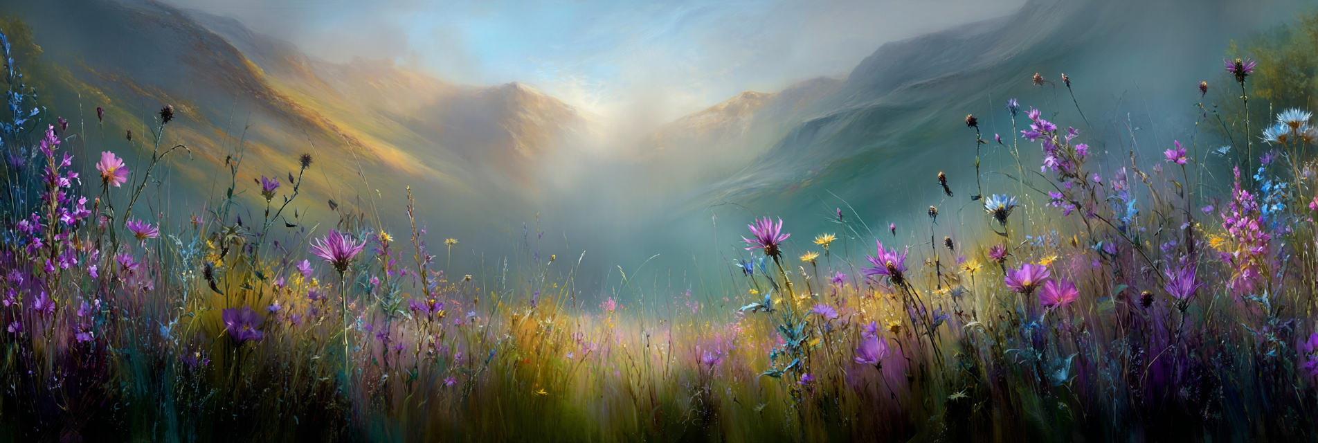 Wiese Mit Bunten Wild Vor Nebeligen Bergen | Mohn  Pusteblume  Kornblume | Blumen