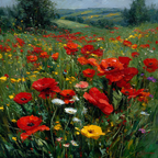 Impressionistische Wiese Mit Roten Mohn Und Bunten Wild | Mohn  Pusteblume  Kornblume | Blumen