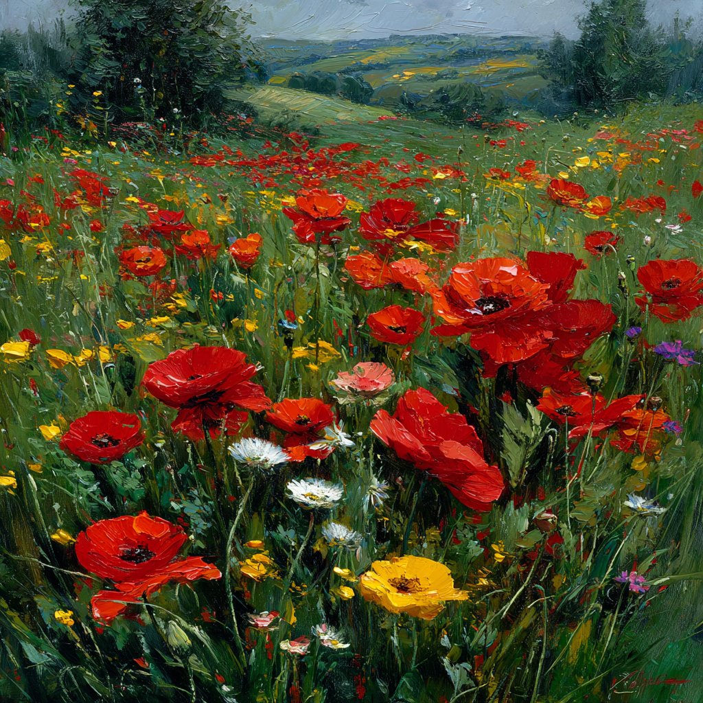 Impressionistische Wiese Mit Roten Mohn Und Bunten Wild | Mohn  Pusteblume  Kornblume | Blumen