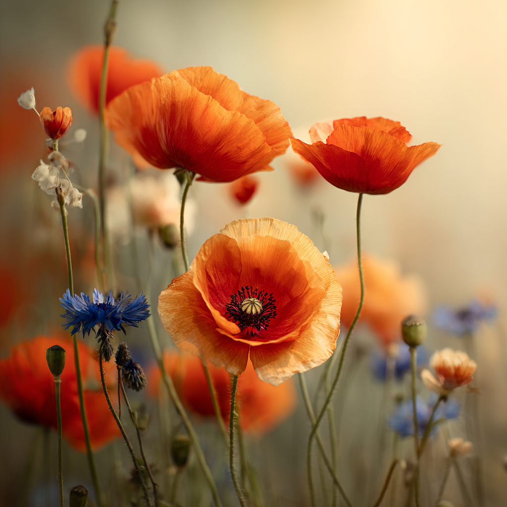 Lebhafte Wiese Mit Orangen Mohn Und Blaün Korn | Mohn  Pusteblume  Kornblume | Blumen