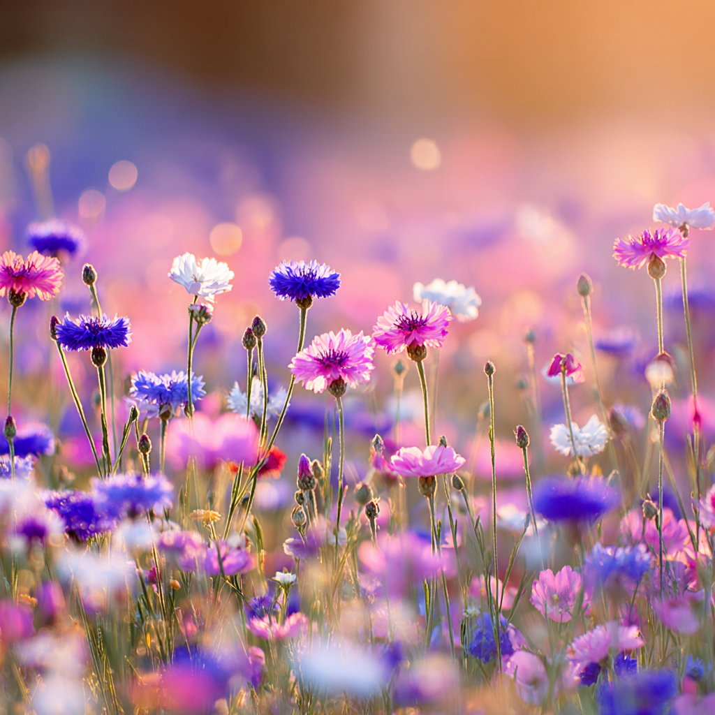 Schönes Feld Mit Vielen Rosa Lila Und Weissen Blüten Im Sonnenlicht | Mohn  Pusteblume  Kornblume | Blumen
