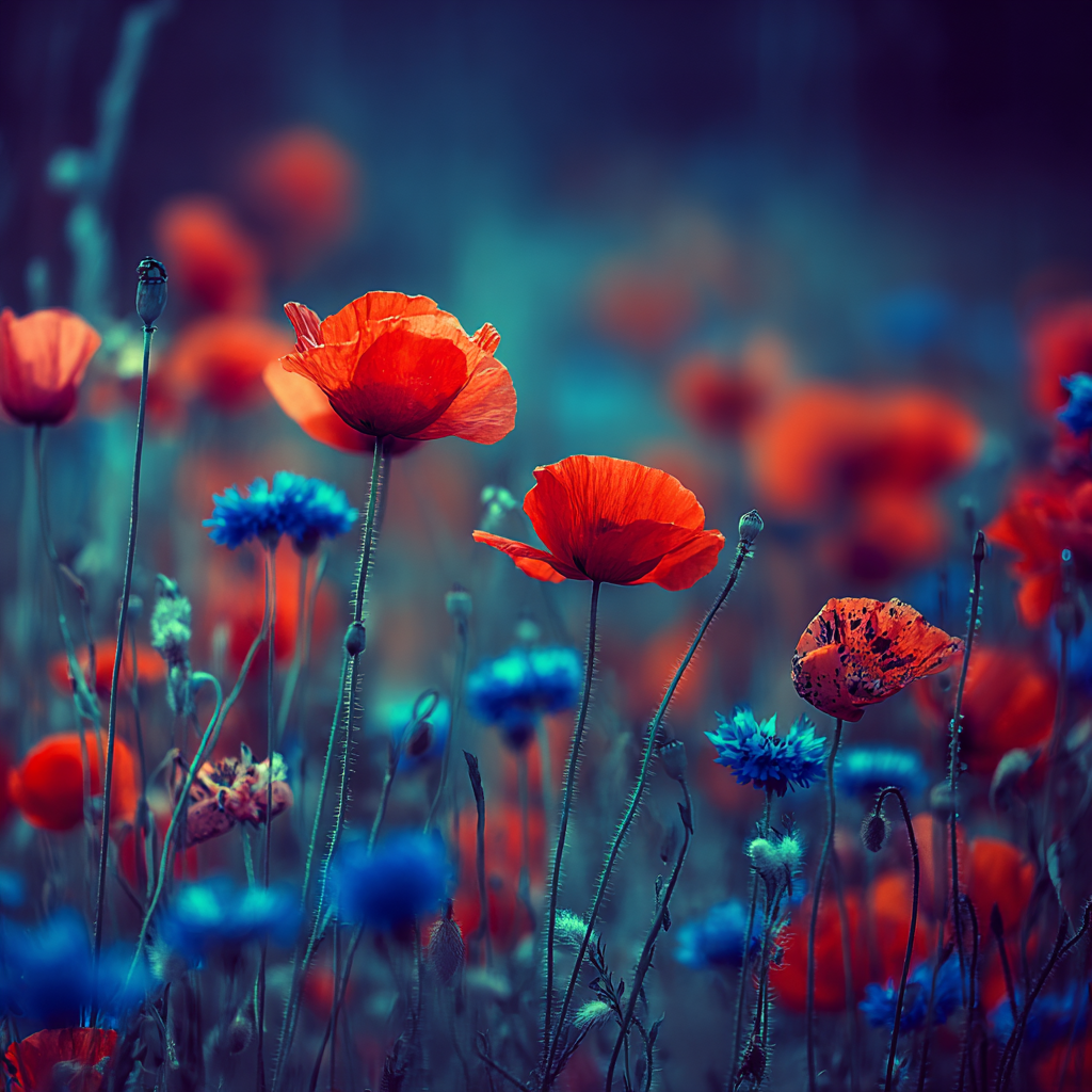 Sommerwiese Mit Roten Mohn Und Blaün Korn | Mohn  Pusteblume  Kornblume | Blumen
