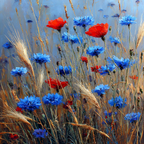 Wiese Mit Roten Mohn Und Blaün Korn | Mohn  Pusteblume  Kornblume | Blumen