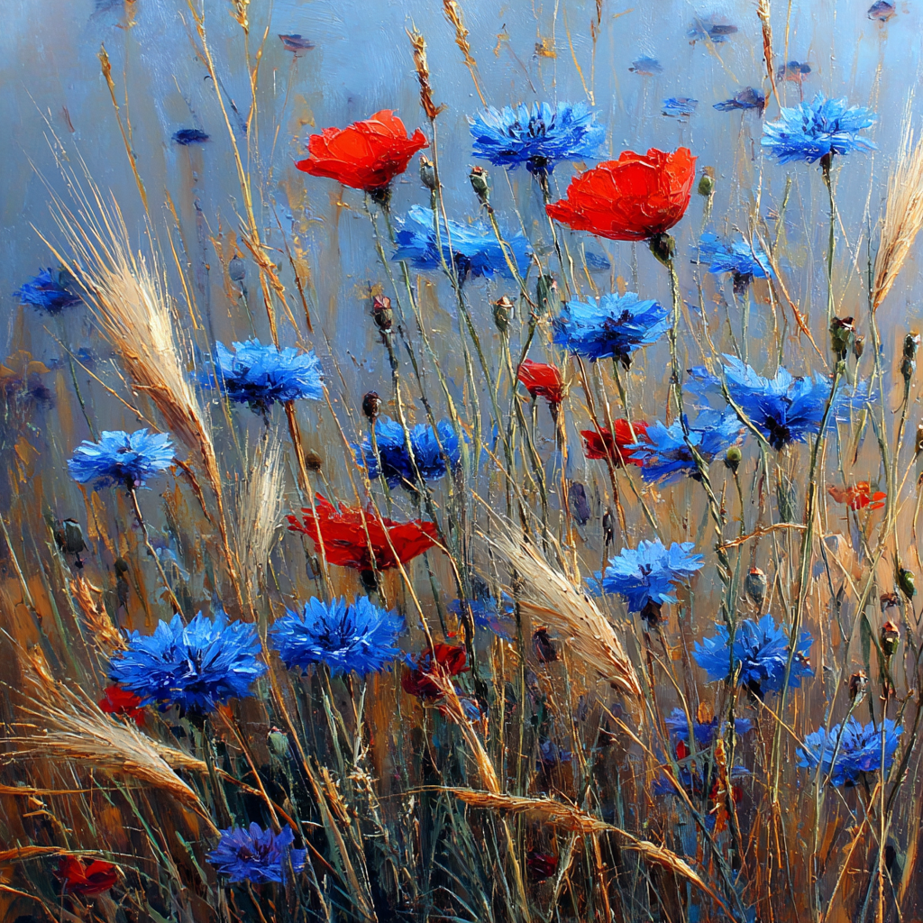 Wiese Mit Roten Mohn Und Blaün Korn | Mohn  Pusteblume  Kornblume | Blumen