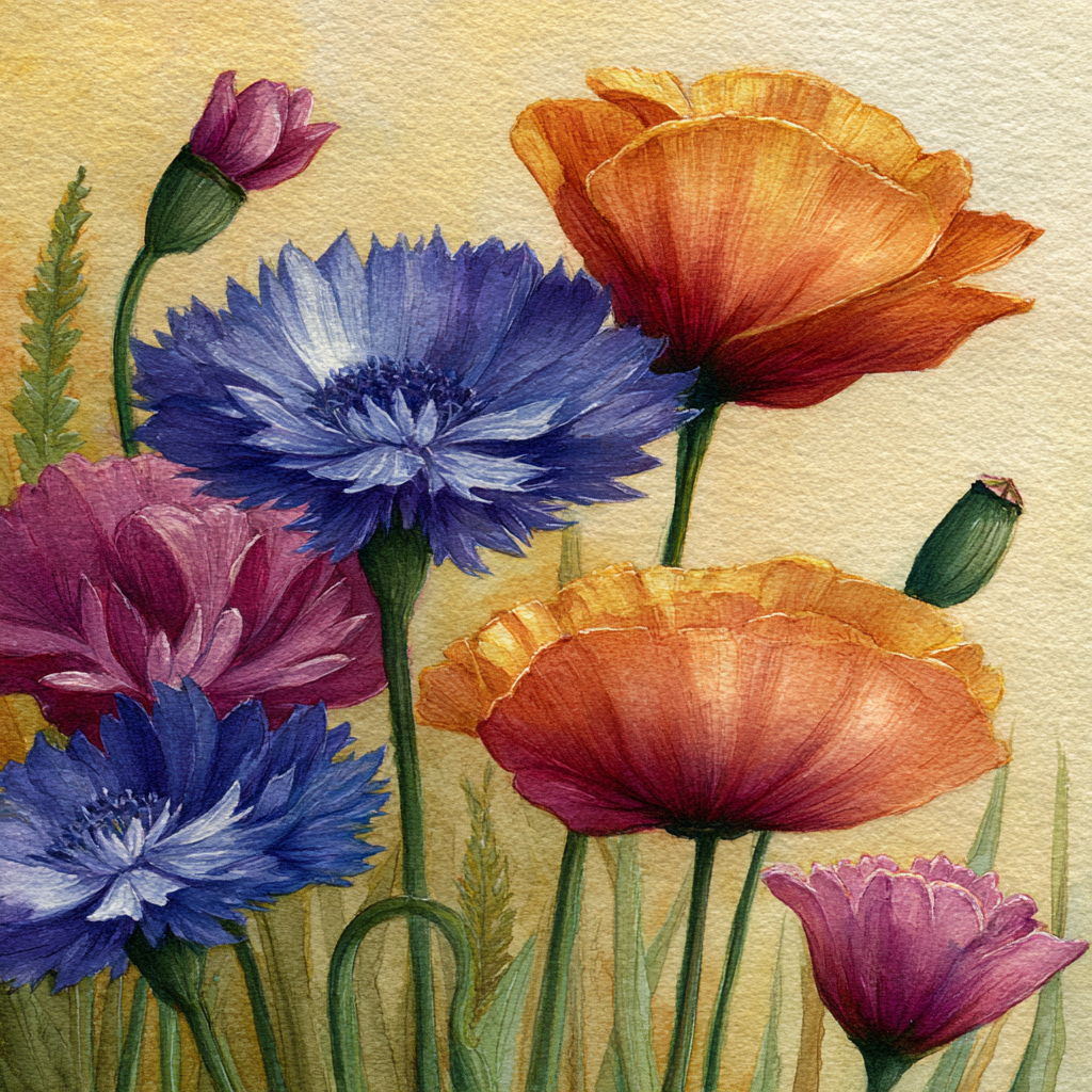 Aquarell Mit Blaün Violetten Orangen Und Pinken Farben | Mohn  Pusteblume  Kornblume | Blumen