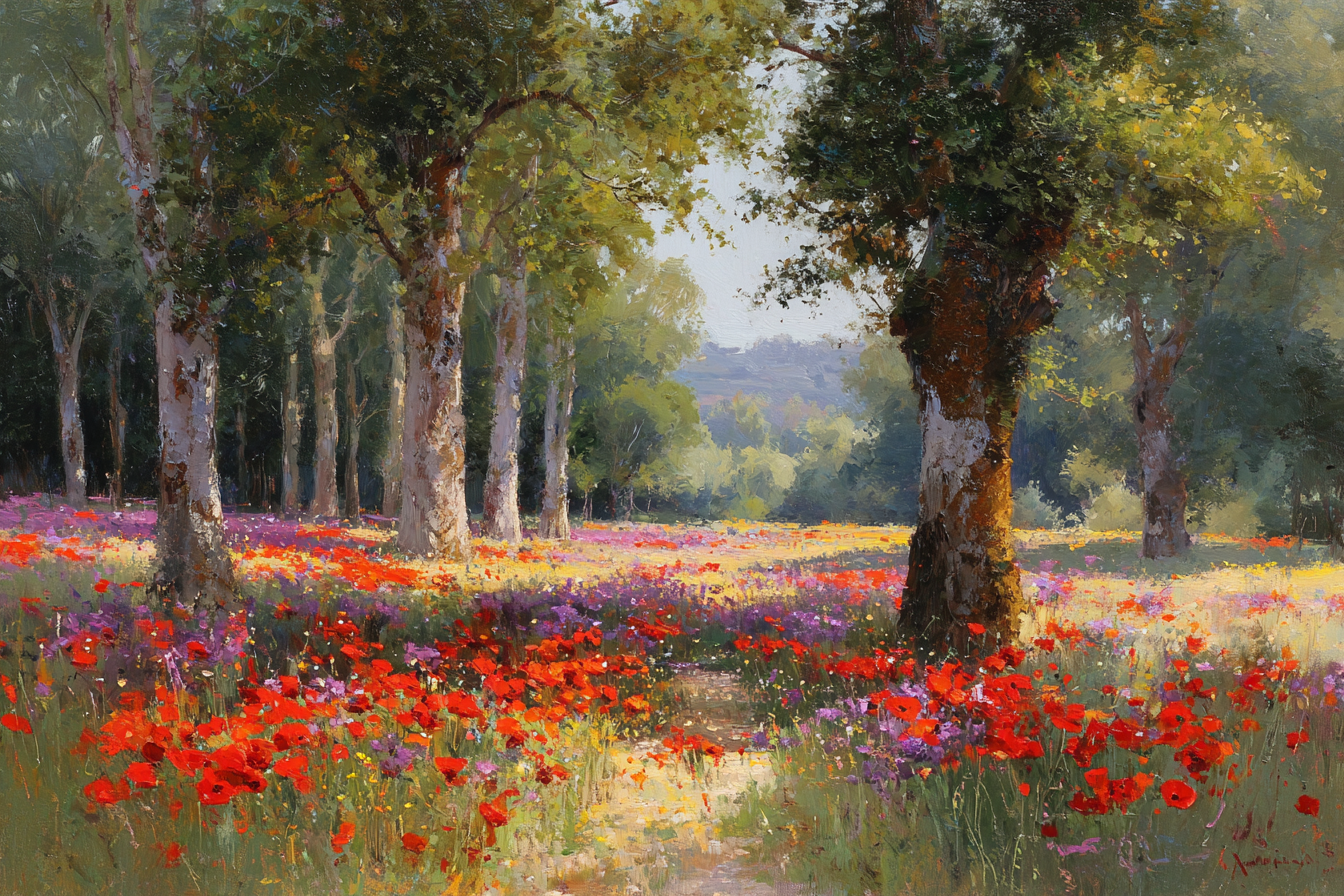Bunter Pfad Durch Ein Mohnfeld Mit Lila Blüten Am Waldrand | Mohn  Pusteblume  Kornblume | Blumen